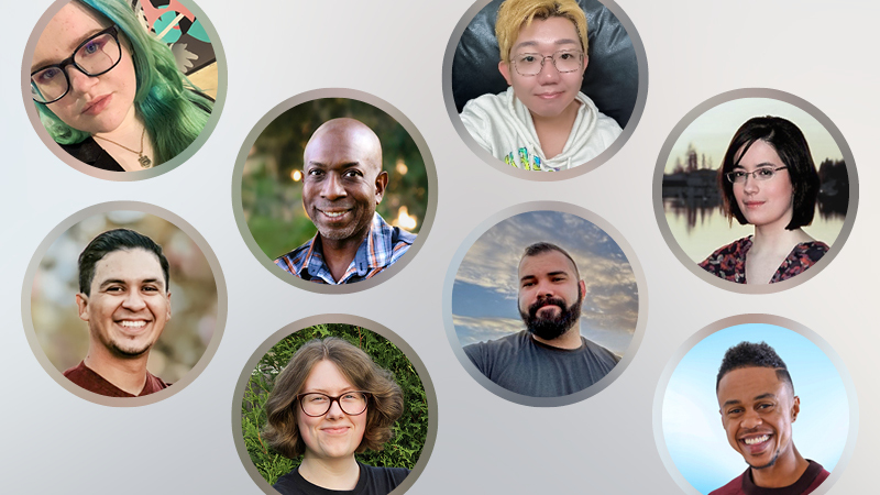 A collage of eight diverse portraits arranged in circular frames against a pale gradient background.