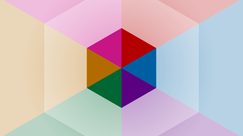 An abstract geometric design with colorful central hexagon and pastel triangles.